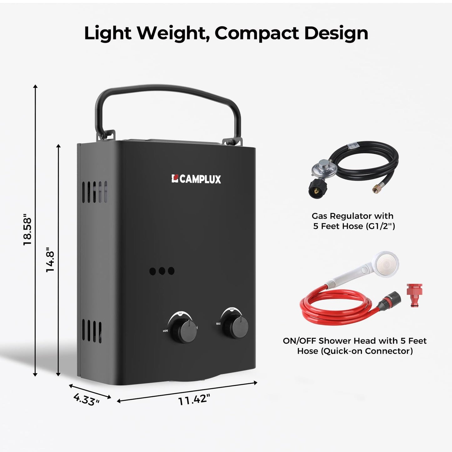 CAMPLUX 1.32 GPM Portable Water Heater, 5L Tankless Water Heater Propane Outdoor, AY132B, Black