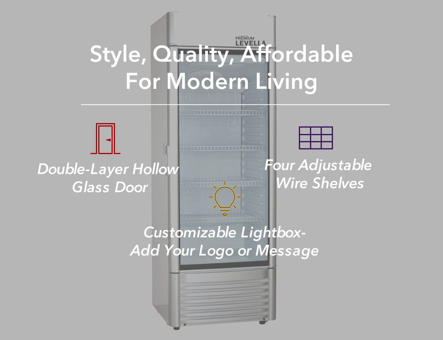 PremiumLevella PRF90DX Glass Door Display Refrigerator 9.0 cu ft Commercial Beverage Cooler Merchandiser With Customizable Lightbox - Silver