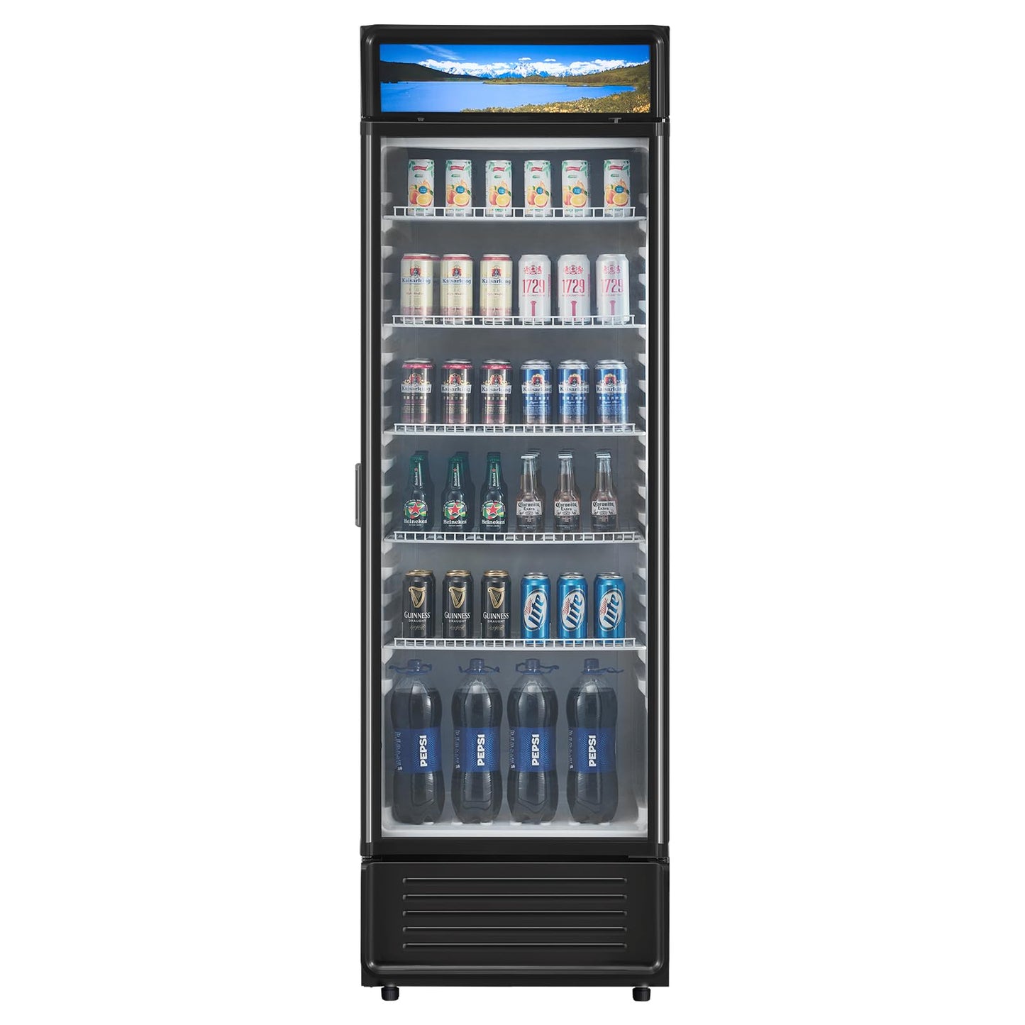 VEVOR Commercial Merchandiser Refrigerator, 12.2 CU.FT Glass Door Display Refrigerator, Beverage Cooler Merchandiser with Adjustable Shelves, Soft LED Light, Customizable Lightbox, Black