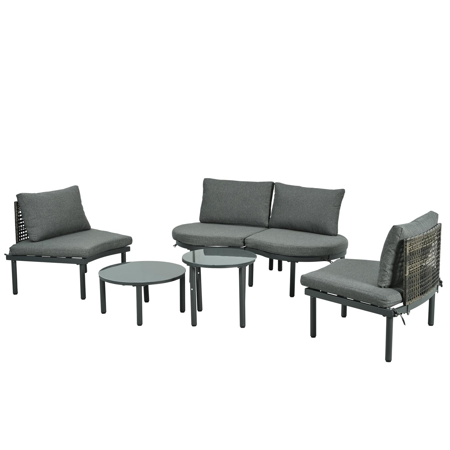 YOPTO 6-Piece Patio Sofa Furniture Set,Half Moon Outdoor Sectional Sofa with 2 High-Low Coffee Tables and Tempered Glass,PE Wicker Rattan Chair w/ 4 Pillows & Cushions,Furniture for Poolside,Gray