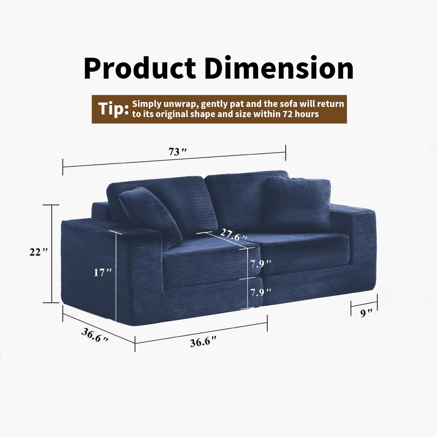 FILUXE Modular Sectional Sofa, Modern Modular Sofa Couch with Deep Seat,Comfy Cloud Couch, Sectional Couches for Living Room, Bedroom and Apartment,2-Seater,Navy Blue