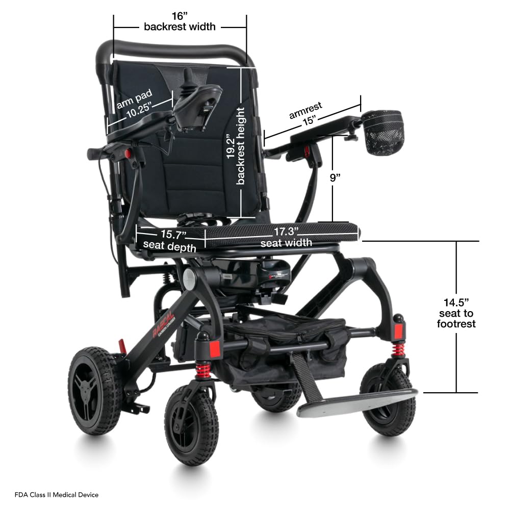 Rascal Carbon Cruiser Lightweight Foldable Electric Wheelchair for Travel, Carbon Fiber Power Chair, Portable Compact Design, 300 lb Capacity, Airline-Approved Battery