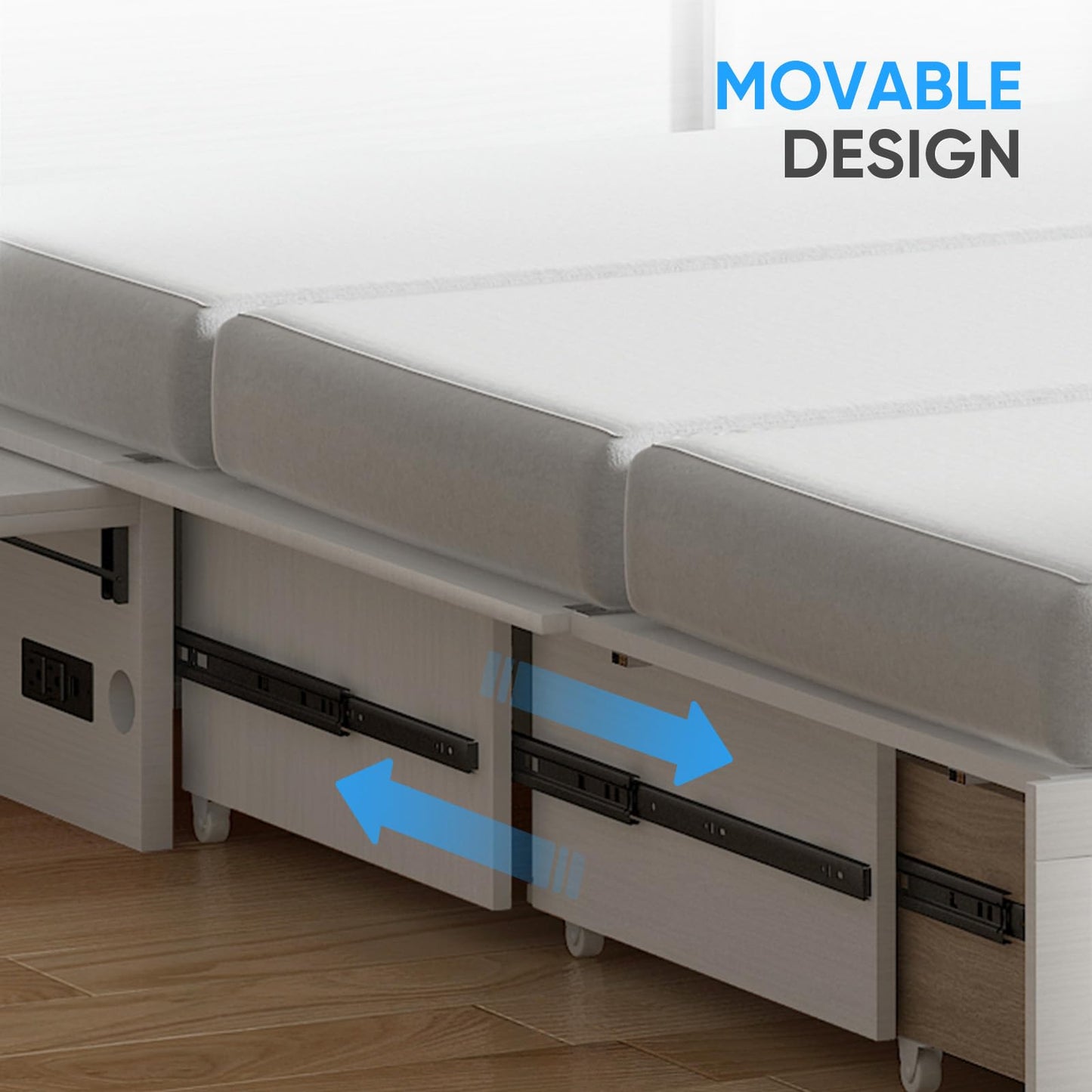 PUREMIND Queen Murphy Bed Cabinet, Murphy Bed with Mattress Included, Storage Drawer and Bedside Panel, Built-in Charging Station, Solid Wood Space-Saving Wallbed Hideaway Beds for Guest Room