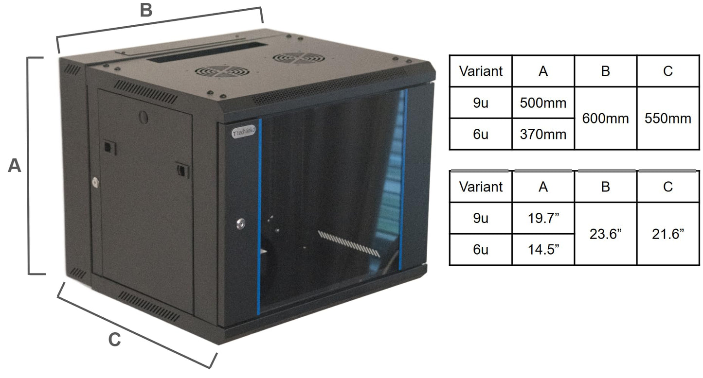 TechLinkd 9U Wall Mount IT Cabinet Enclosure Hinged Double Section Swing Out 19-Inch Server Network Rack with Glass Door 22-Inches Deep Black Professional