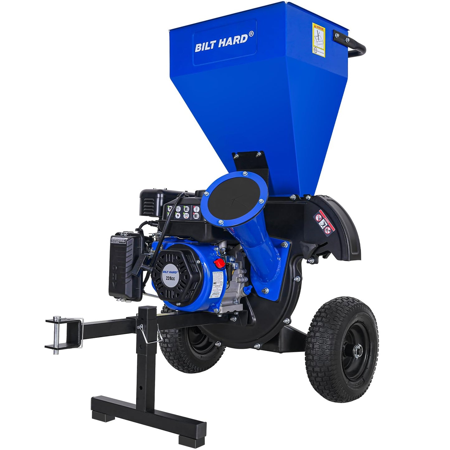 BILT HARD Wood Chipper with Tow Hitch - 7.5 HP 224cc Gas Powered Shredder Towable, 3 in 1 Multi-Function Heavy Duty, 3" Max Wood Diameter Capacity with Collection Bag