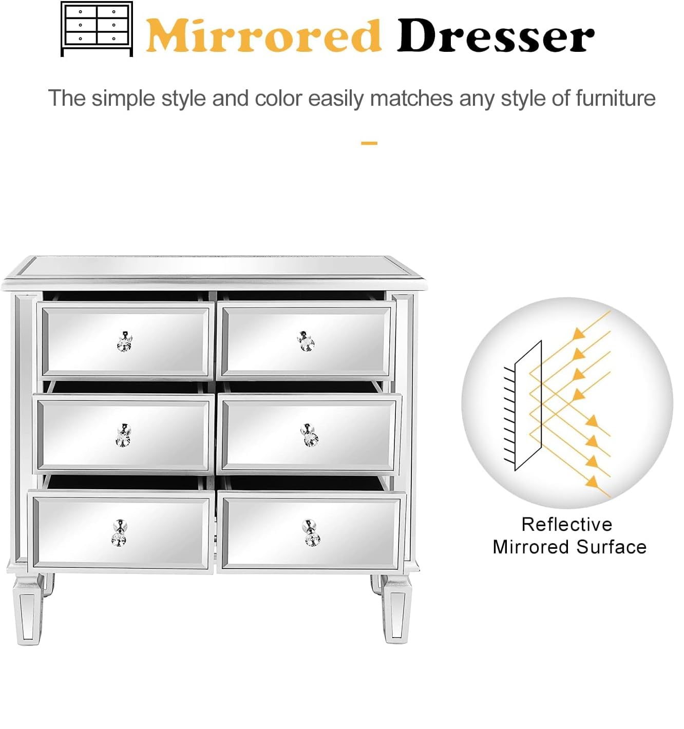 VINGLI Mirrored Dresser for Bedroom with 6 Storage Drawer Modern Chest of Drawers, Silver, 32”L x 12”W x 28”H