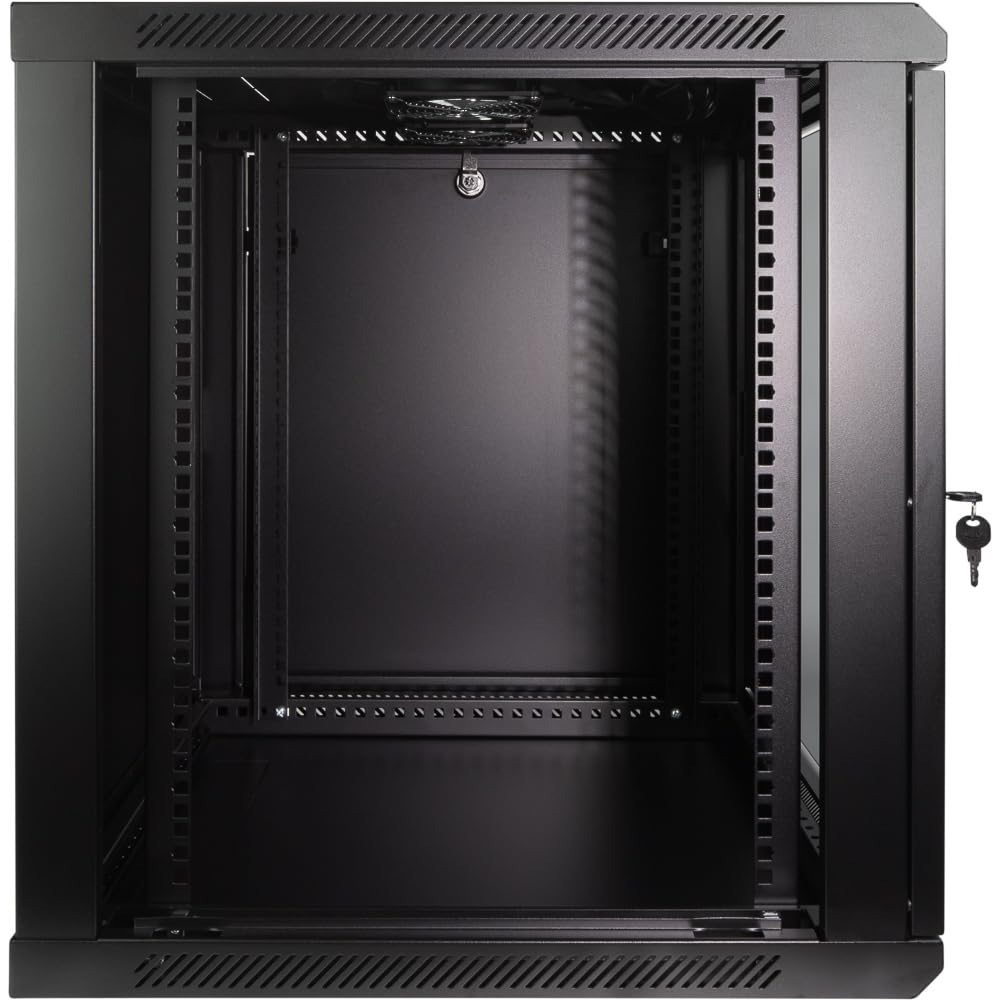 NavePoint 12U Server Rack Enclosure - 23.6” Deep, Wall Mount Network Cabinet with Locking Glass Door for 19” IT Equipment, Network Rack with 2 Fans, Removable Side Panels, Black