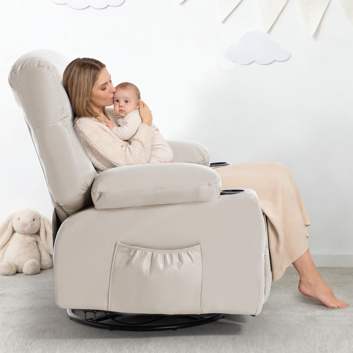 Comermax Rocking Recliner with Heat and Massage, Wide Seat Heated Massaging Reclining Chair for Home Theater, Faux Leather Manual Swivel Rocker Recliner Chair with Cup Holder for Adult, Beige