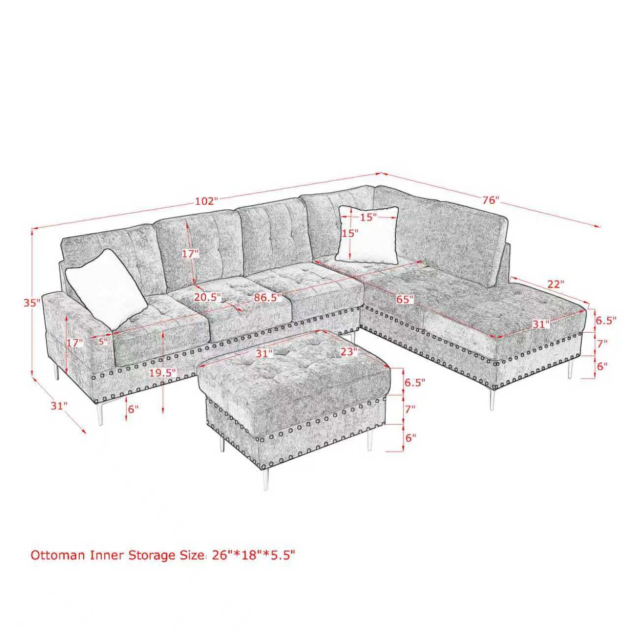 ERYE 102-Inch L-Shaped Corner Sectional Sofa Chenille Upholstered Tufted Corner Sofa Couch with Storage Ottoman and Nailhead Decor,Modern L-Shaped Convertible Couches
