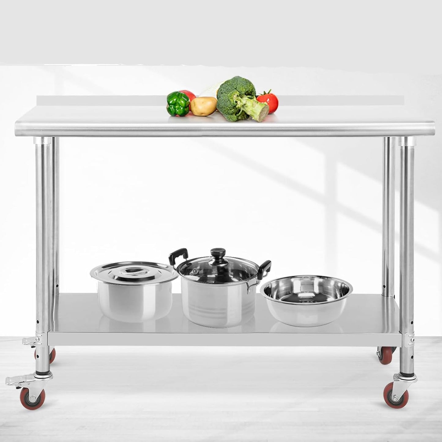 ExploreHorizon Stainless Steel Commercial Work Table with 2 Removable Upper Shelves & Adjustable Lower Shelf, Heavy Duty Wide Metal Prep Table for Kitchen Restaurant Workshop Garage Industrial Use