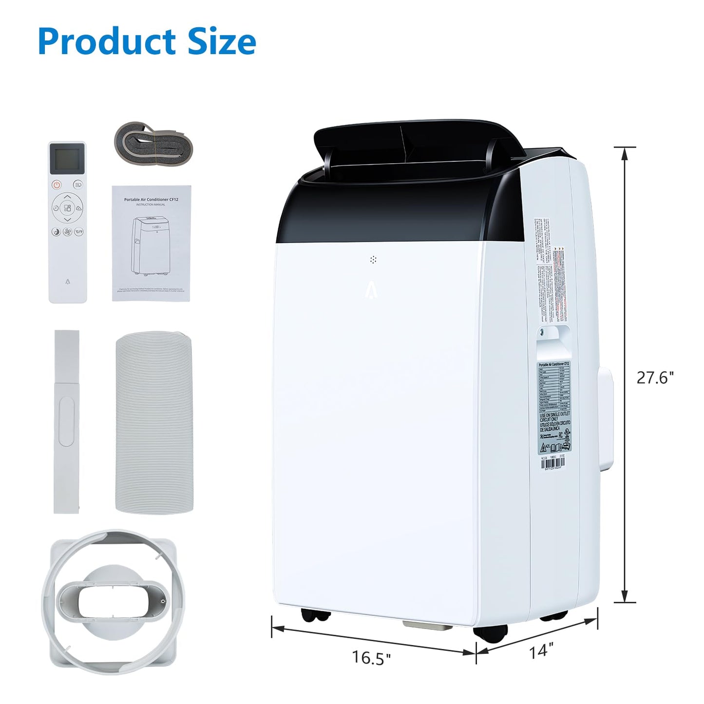 12,000 BTU Portable Air Conditioner with Remote Control, 3-in-1 AC Unit (Cool, Dehumidify, Fan) for Rooms up to 450 Sq. Ft, Easy Window Installation Kit, LED Display & 24H Timer, White/Black