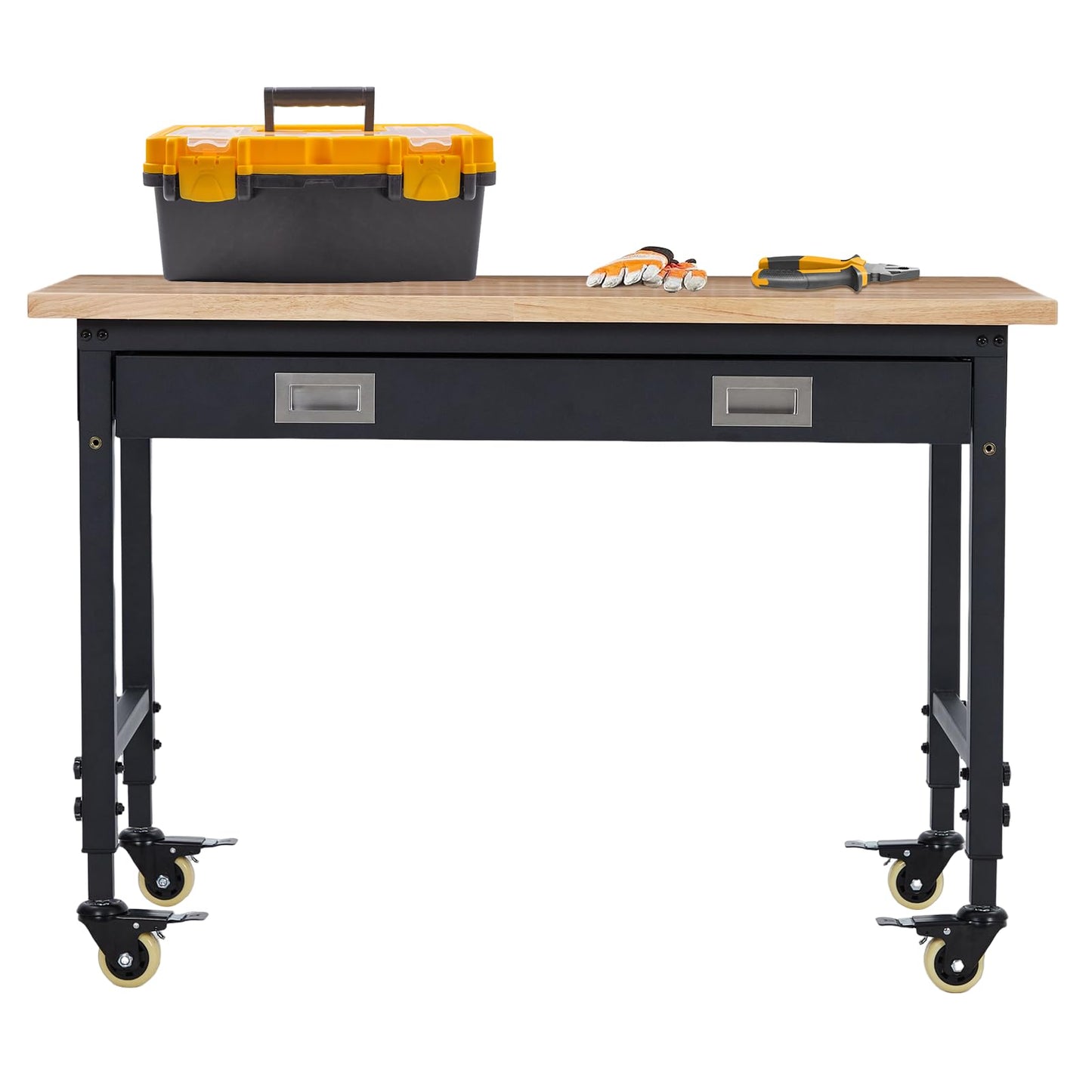 ACONEE Adjustable Height Workbench, 48" Heavy Duty 2000 LB Load Capacity, Solid Rubber Wood Top, Sturdy Metal Frame, Workstation with Drawer & 4 Rolling Casters, Power Outlets for Garage Workshop