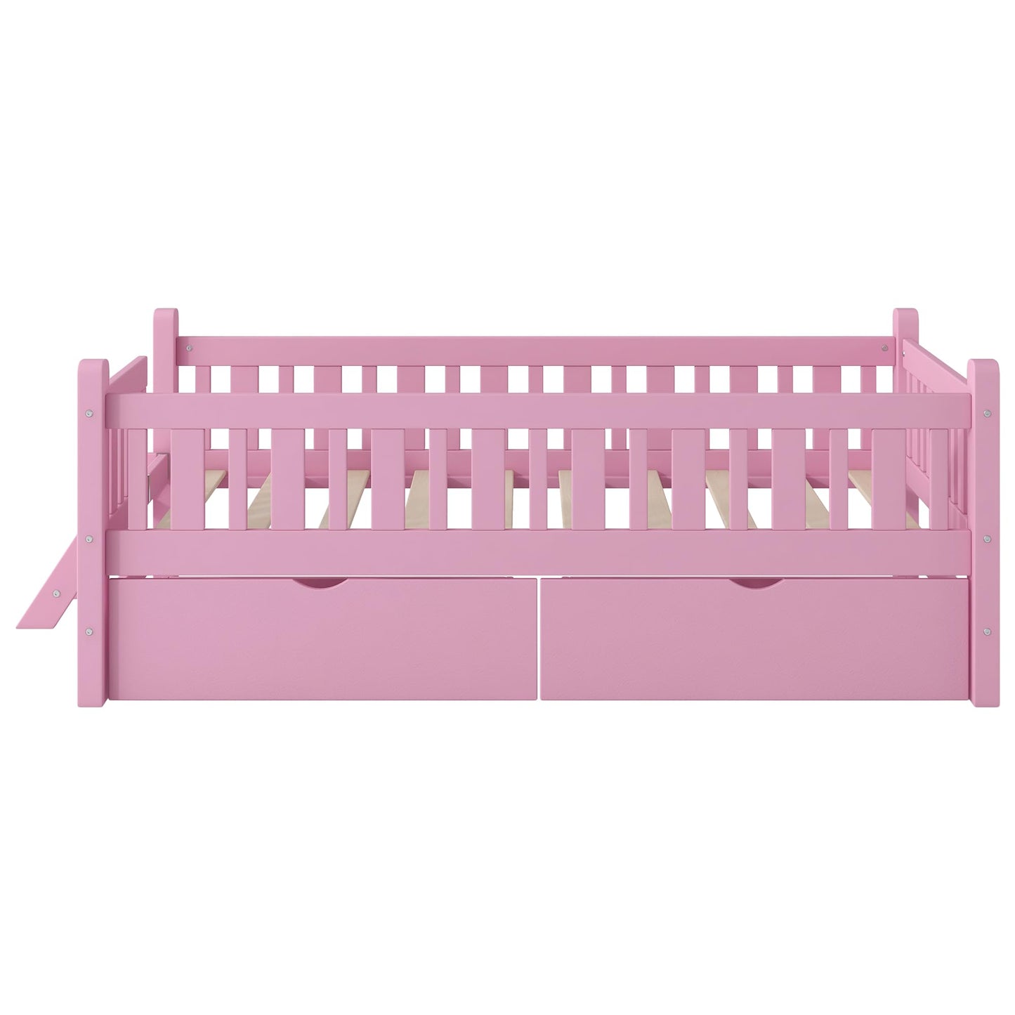 Bellemave Twin Size Kids Montessori Bed with Stairs,Solid Wood Twin Size Kids Bed Frame with Storage Drawers for Girls Boys,Low-Profile,Pink