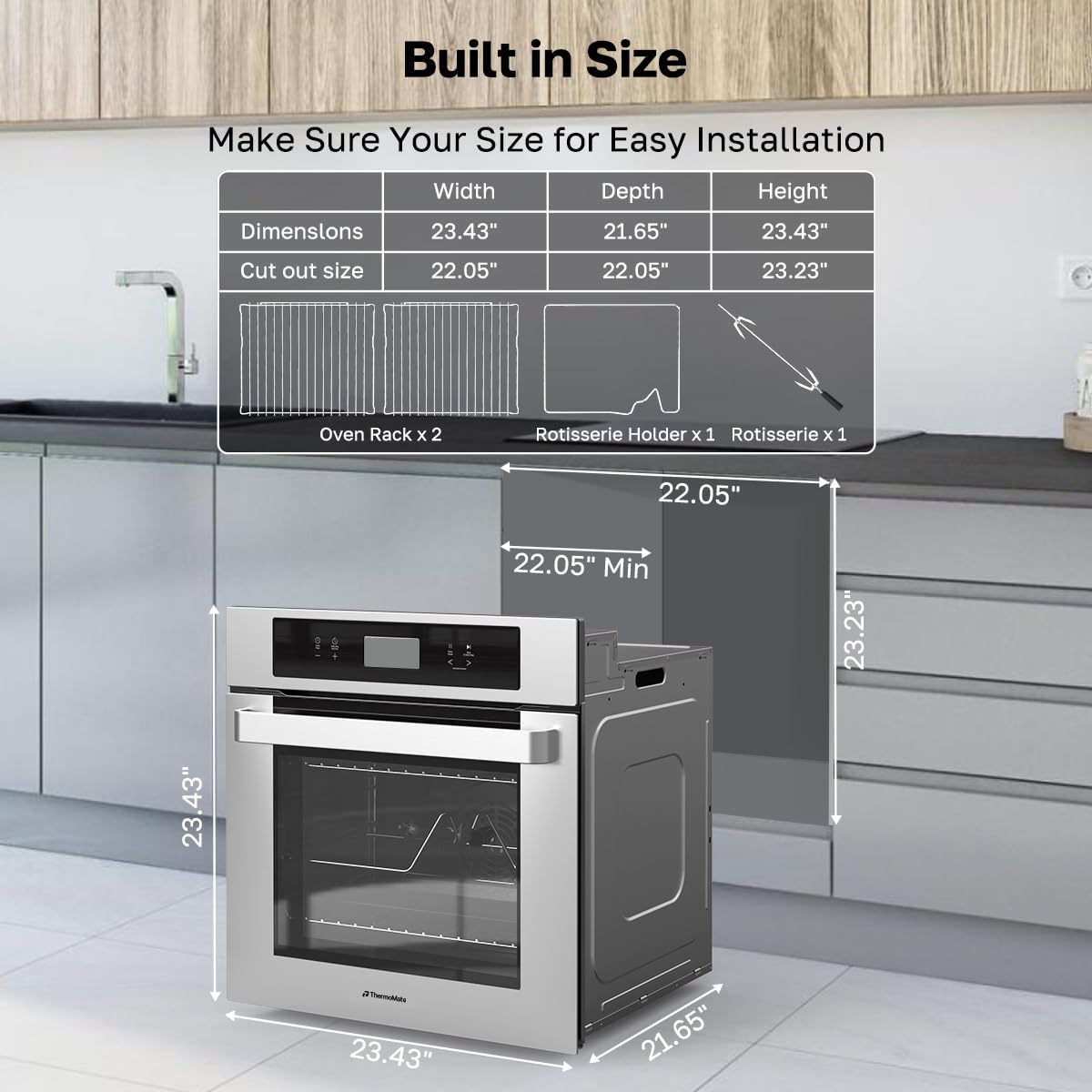 ThermoMate 24 Inch Electric Wall Oven, ETL Certified, 2.6 Cu.Ft. Convection Ovens with 12 Functions, 3D Heating, 3100W, Sensor Touch Control, Safety Lock, Stainless Steel