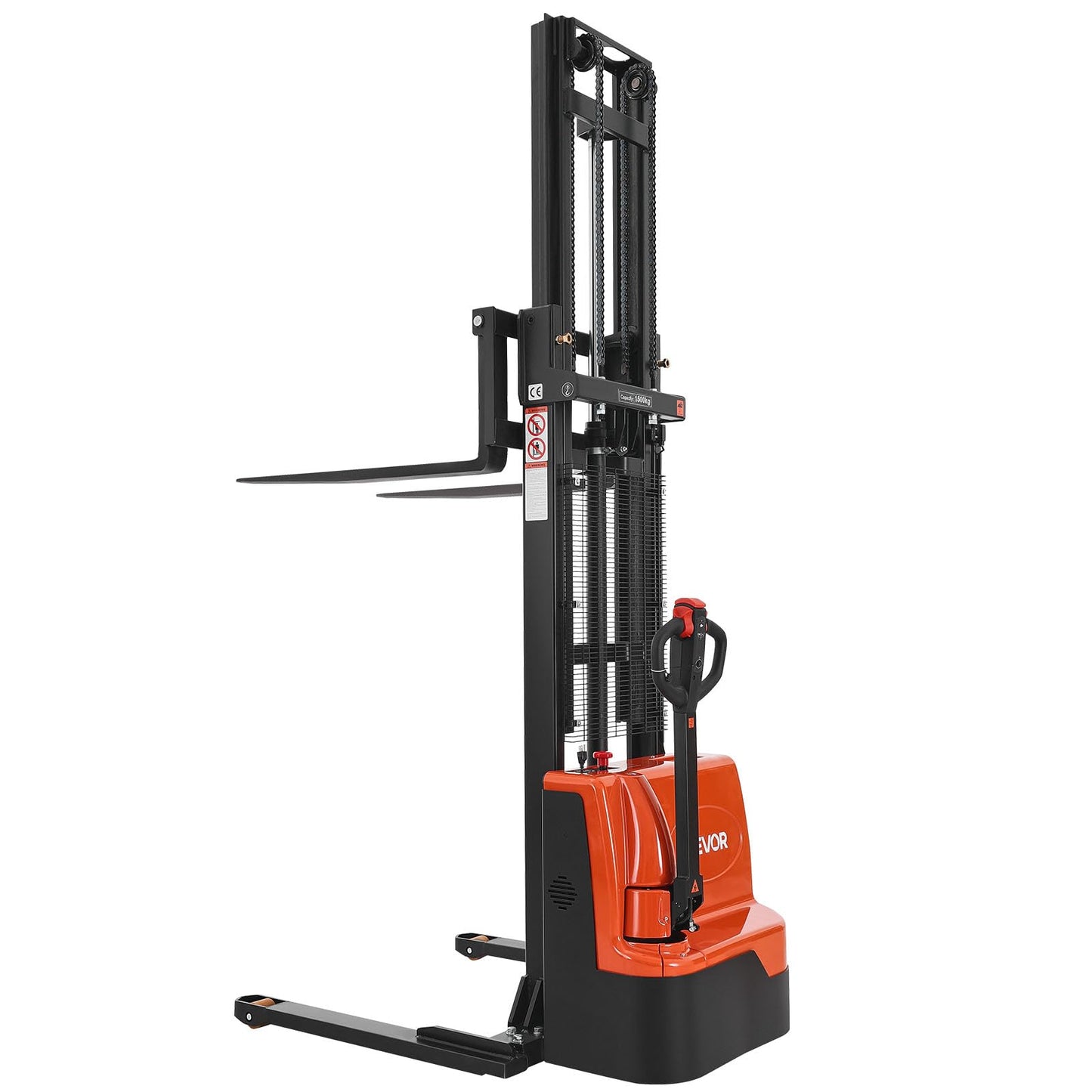 VEVOR Full Electric Pallet Stacker, 3300 lbs Load Capacity, 130'' Max Lifting Height, Pallet Lift Stacker Forklift with Straddle Legs & Forks, 8.66-31.1 Inches Adjustable Fork Width, Orange & Black