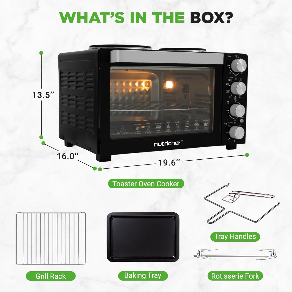 Nutrichef 2-in-1 Convection Oven & Cooker - 30 Quart, 1500W Multi-Function Kitchen Oven with Dual Hot Plates, 7 Cooking Modes Including Rotisserie, Broil, Bake - 19.6 x 16.0 x 13.5 Inches