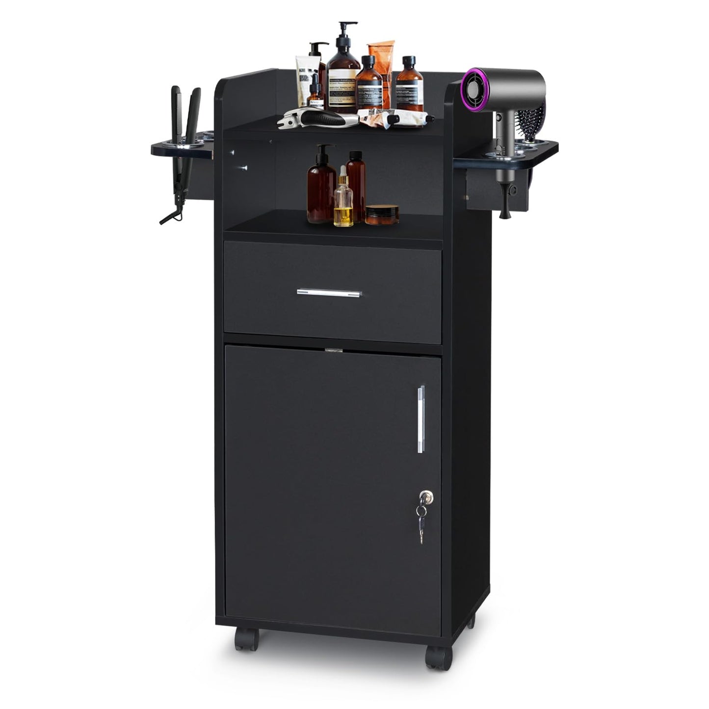 JHshop Black Beauty Salon Storage Trolley Cart, Hair Salon Stations Cabinet for Stylist with 6 Tool Holders Equipment with Rolling Wheels, Drawer Barber Salon Furniture