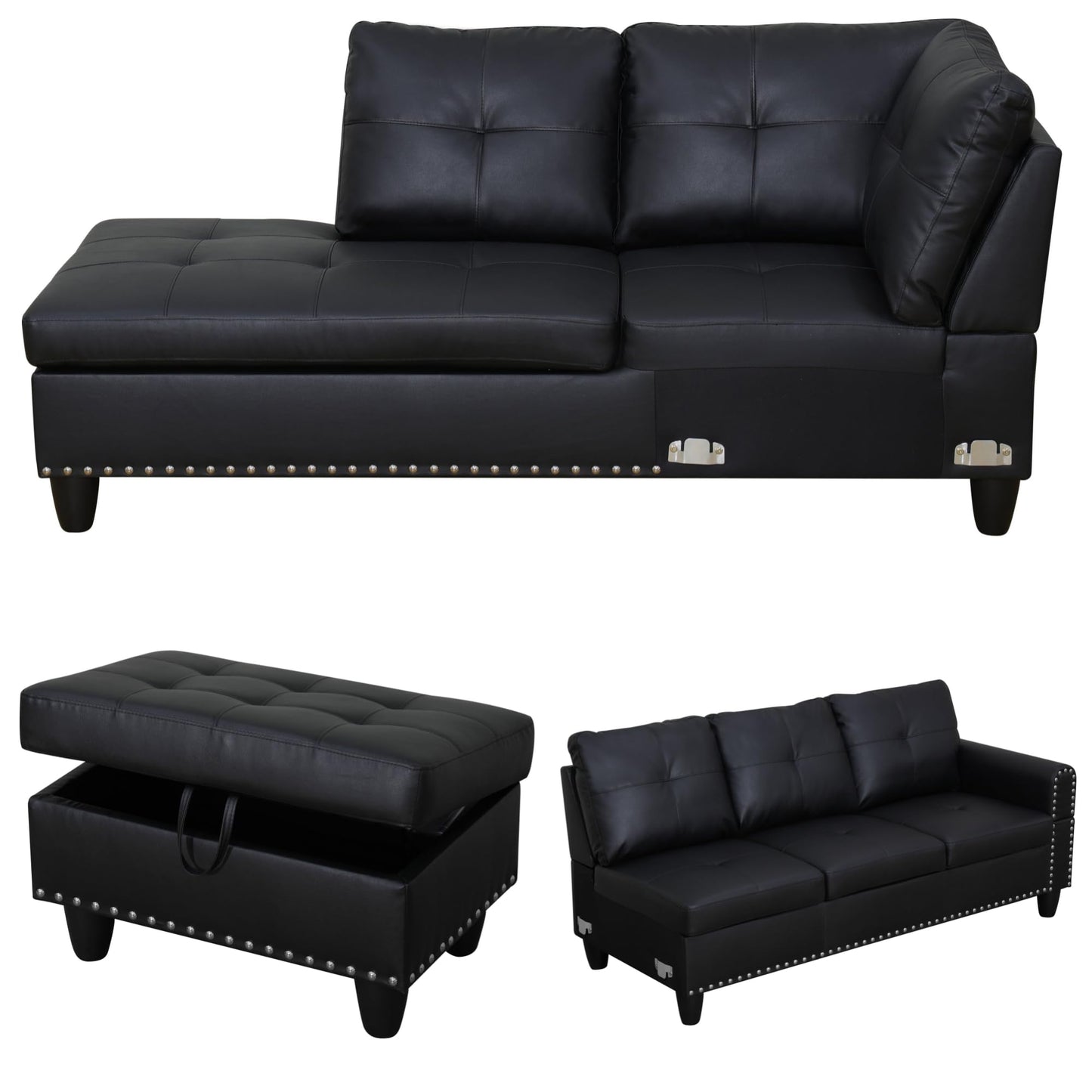 Trygoal Leather Sectional Sofa with Movable Chaise & Storage Ottoman, 3-Piece Modular Convertible L-Shaped Couches for Living Room, Apartment & Office, Black