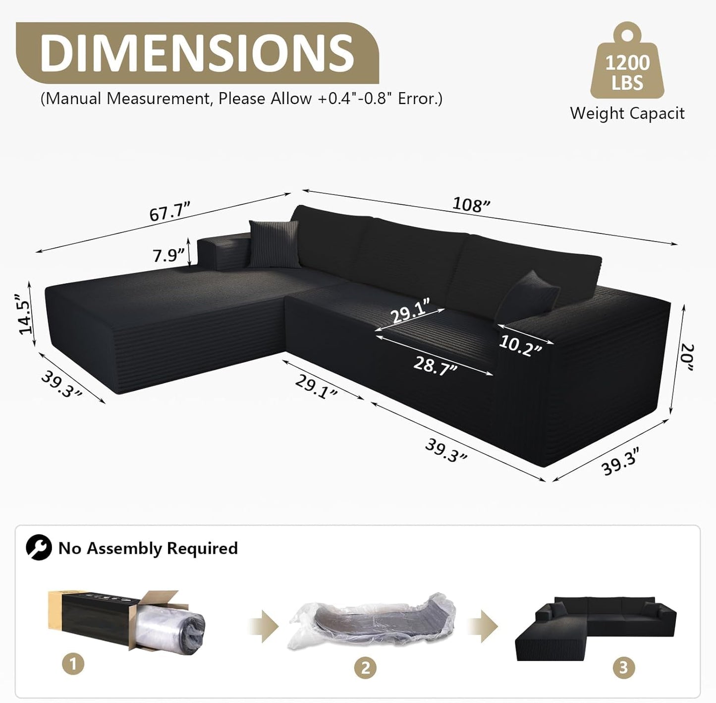 WHGBJA L-Shape Modular Sectional Sofa 108" — Cloud Couch Style 3-Seat Oversized Upholstered Sectional for Living Spaces No-Assembly