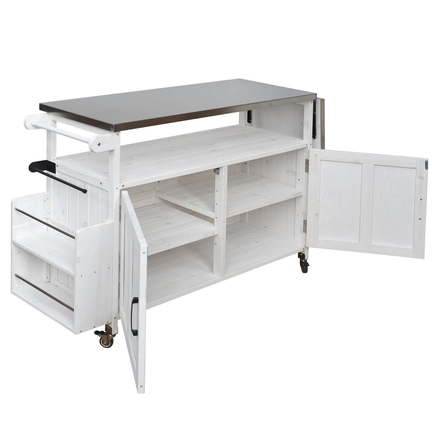 Outdoor Kitchen Island Cart with Foldable Stainless Steel Top, Rolling Grill Table with Adjustable Shelf Storage Spice Rack and Towel Holder, Wooden BBQ Prep Station with Lockable Wheels, White