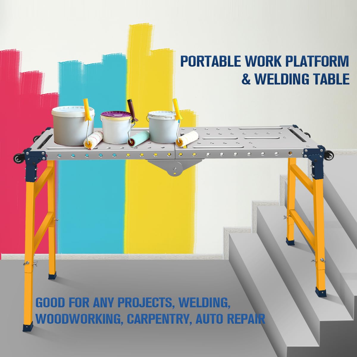 FUNTECK Versatile Portable Steel Work Platform and Welding Table with Casters | 55 x 14-inch Galvanized Tabletop | 1100 lbs. Load Capacity | Adjustable Height