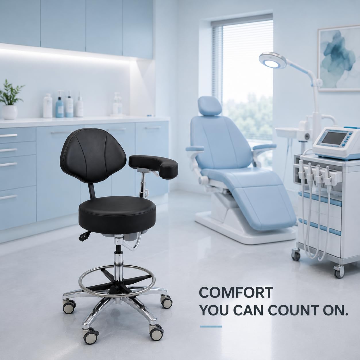 Dental Assistant Chair with Arm & Back – Ergonomic Stool with Forward Tilting Seat, Adjustable Height, Locking Rubber Wheels, Medical Grade Leather, Heavy Duty Base for Hygienist Clinic Lab