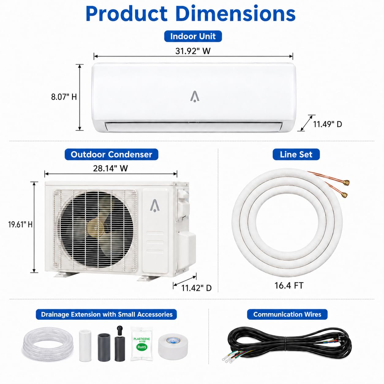 9,000 BTU Mini Split AC/Heating System, 19 SEER2 Inverter Ductless Heat Pump, WiFi Wall Mount Split System Air Conditioner, Up to 450 Sq ft, 115V, Installation Kit, Timer Sleep Mode, Quiet