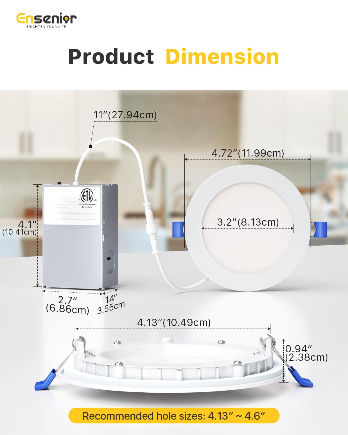 Ensenior 4 Inch LED Recessed Light, Dimmable 2700K-5000K, 750LM, Aluminum, Model WM25W27V40KDP0,