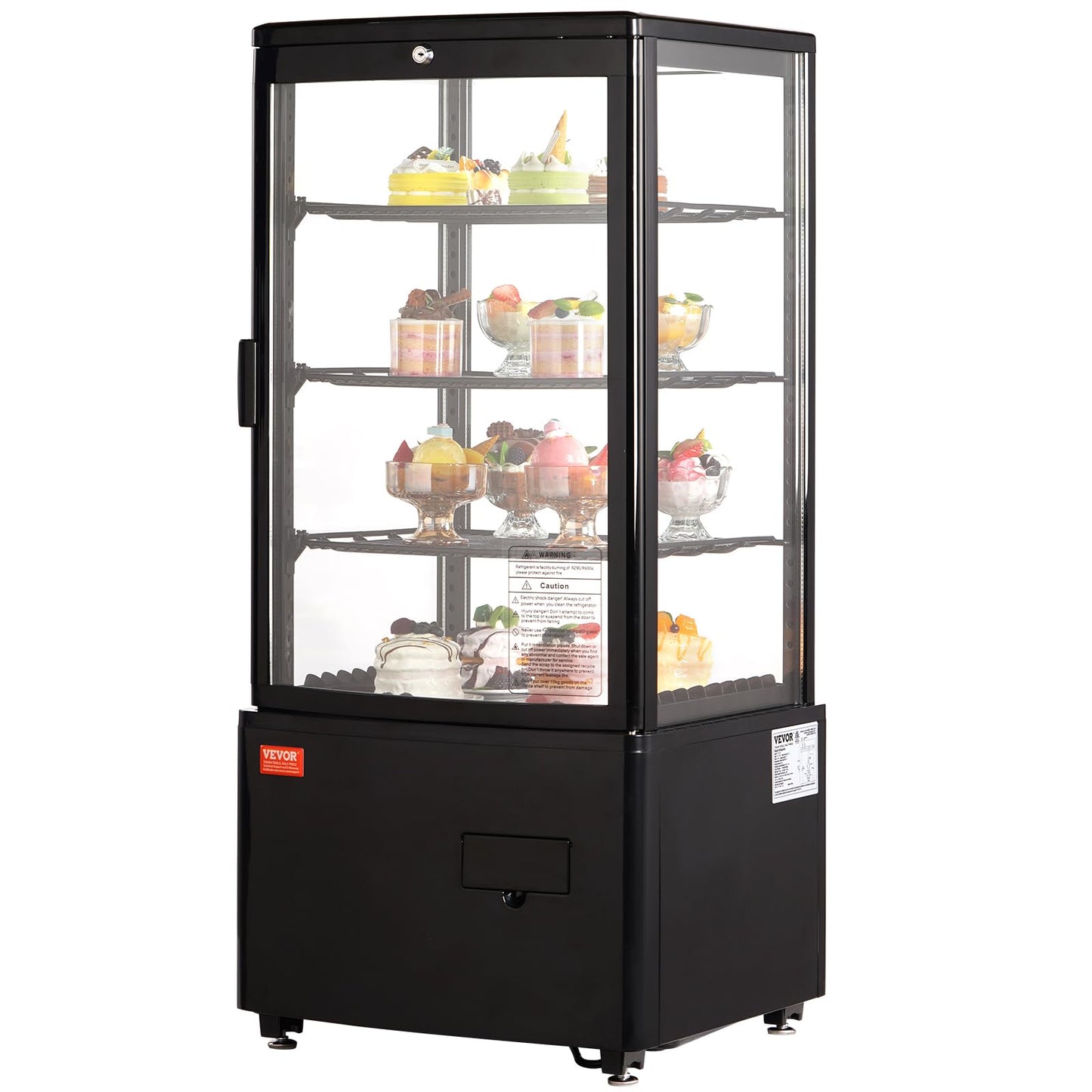 VEVOR XC-78L(1R) Cake Refrigerated 3 Cu.Ft./85L Countertop Pastry, Commercial Display Case with LED Lighting, TURBO, Frost-Free Air-Cooling, Locked Door for Bakery, 18.8 x 16.9 x 38 in, Black
