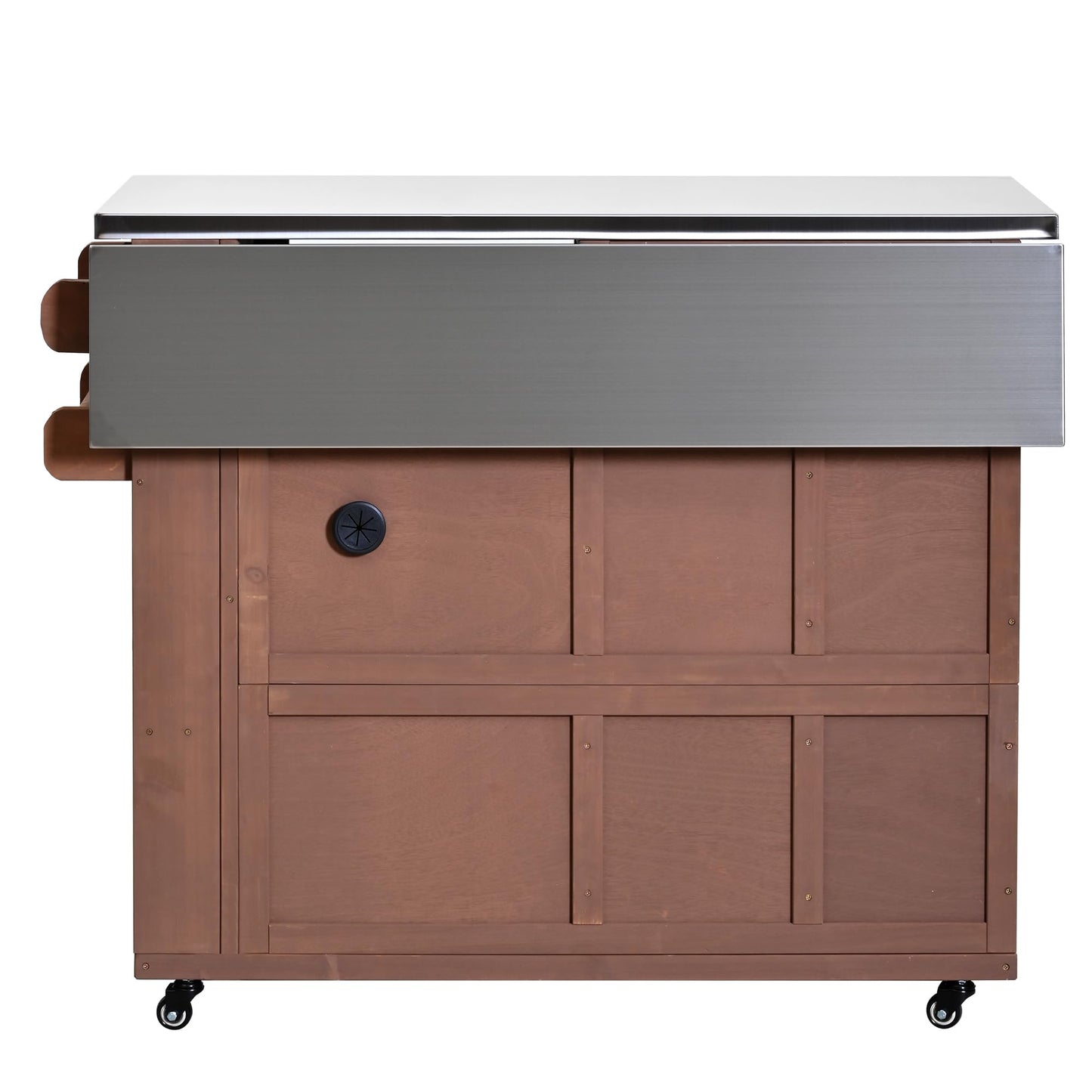 GDFStudio Winford Patio Kitchen Island Cart with Extendable Top, Wooden Outdoor Storage Cabinet with Stainless Steel BBQ Prep Table Top, Drawers, Spice Rack and Lockable Wheels, Potting Bench, Brown