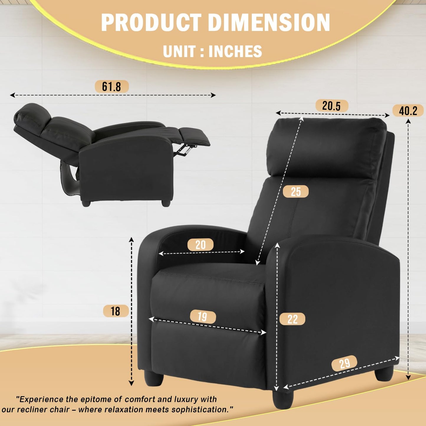 PayLessHere Recliner Chair Single Reclining Sofa Home Theater Seating with Lumbar Support and Padded Backrest for Living Room and Bedroom (Leather, Black)