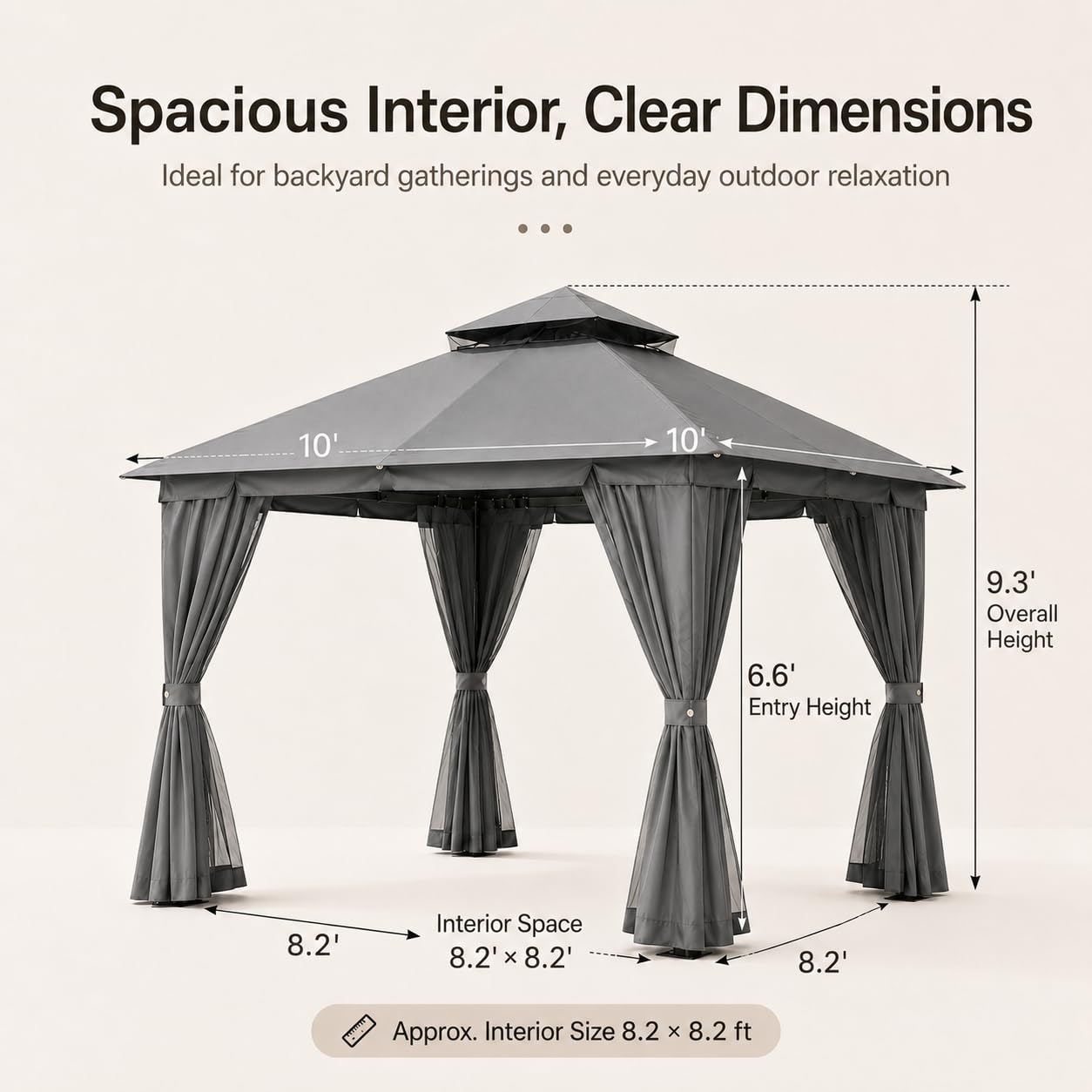 Kingdura 10'x10' Outdoor Gazebo, Heavy Duty Metal Patio Canopy Tent Shelter with Double Roof, Mosquito Netting & Privacy Curtains for Backyard, Garden, Deck, Lawn, Grey