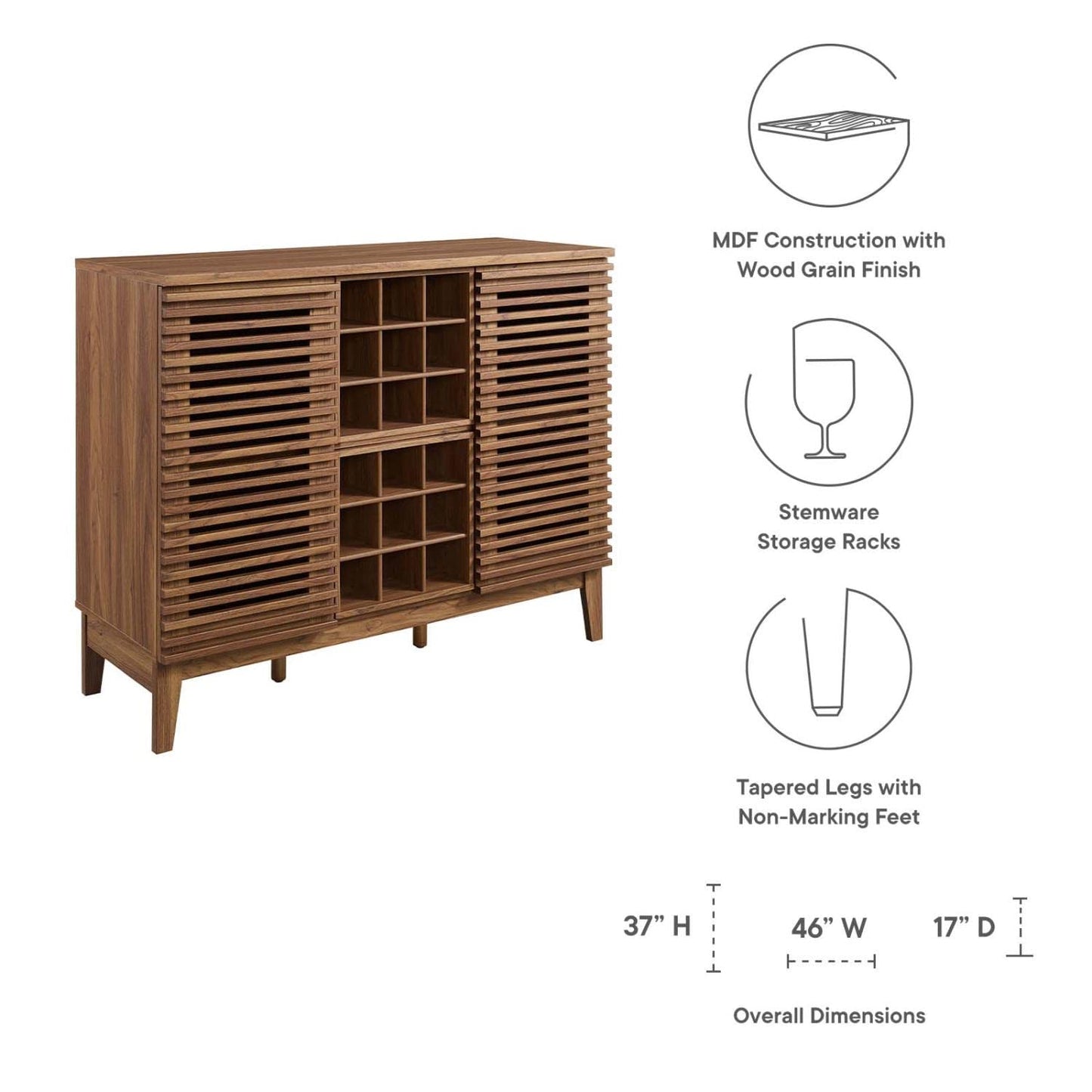 Modway Render Mid-Century Modern Wine Bar Cabinet in Walnut, 17 x 46 x 37