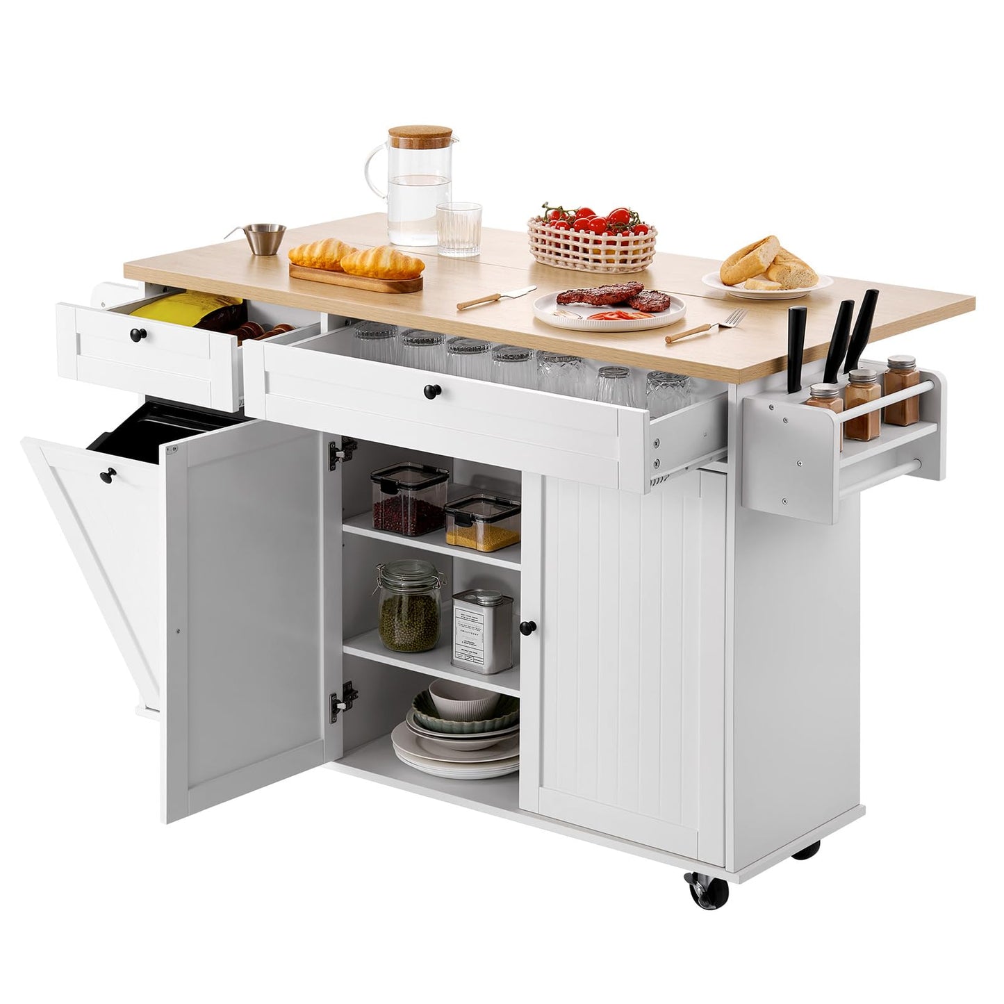 VEVOR Kitchen Island Cart with Storage, 60in Wide Mobile Kitchen Cart with Wheels, Drop Leaf, 2 Drawers, Trash Can Cabinet, Knife Holder, Spice Rack, and Towel Rack, Table for Dining Room, Pantry