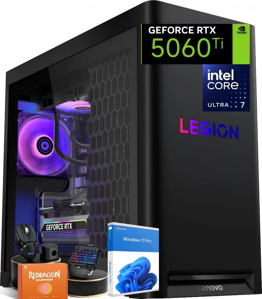 Lenovo Legion Tower 5i AI Gaming Desktop PC, Intel Ultra 7 Series 2 (20-Core) 265F, 32 GB DDR5 5600MHz RAM, 1 TB SSD, NVIDIA GeForce RTX 5060 Ti, Legion Liquid Cooling, Windows 11 Pro, Eclipse Black