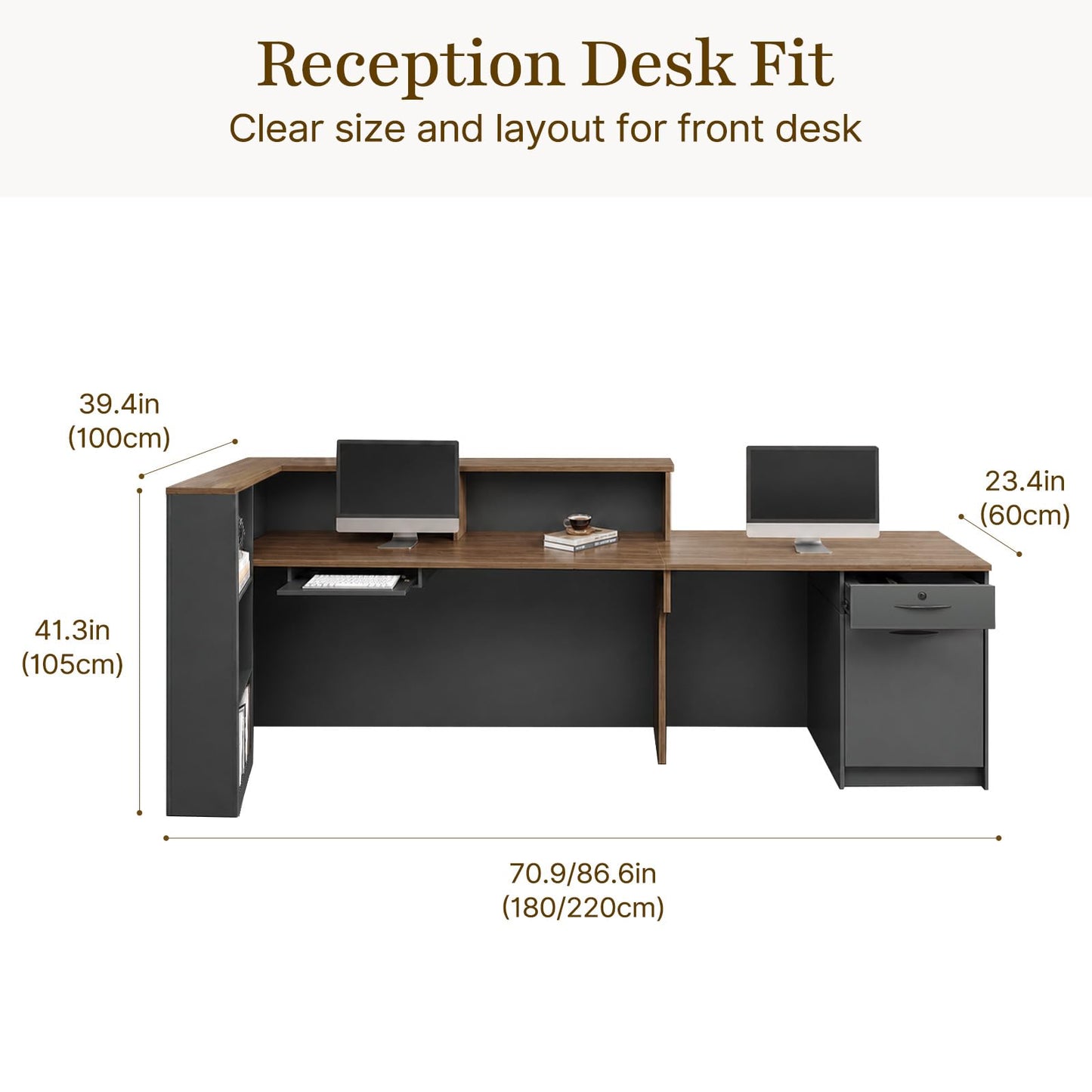 Nuipesn 87" Modern L-Shaped Reception Desk, Front Desk Counter with Drawer, Keyboard Tray and Storage Shelves, Left Layout, Dark Walnut