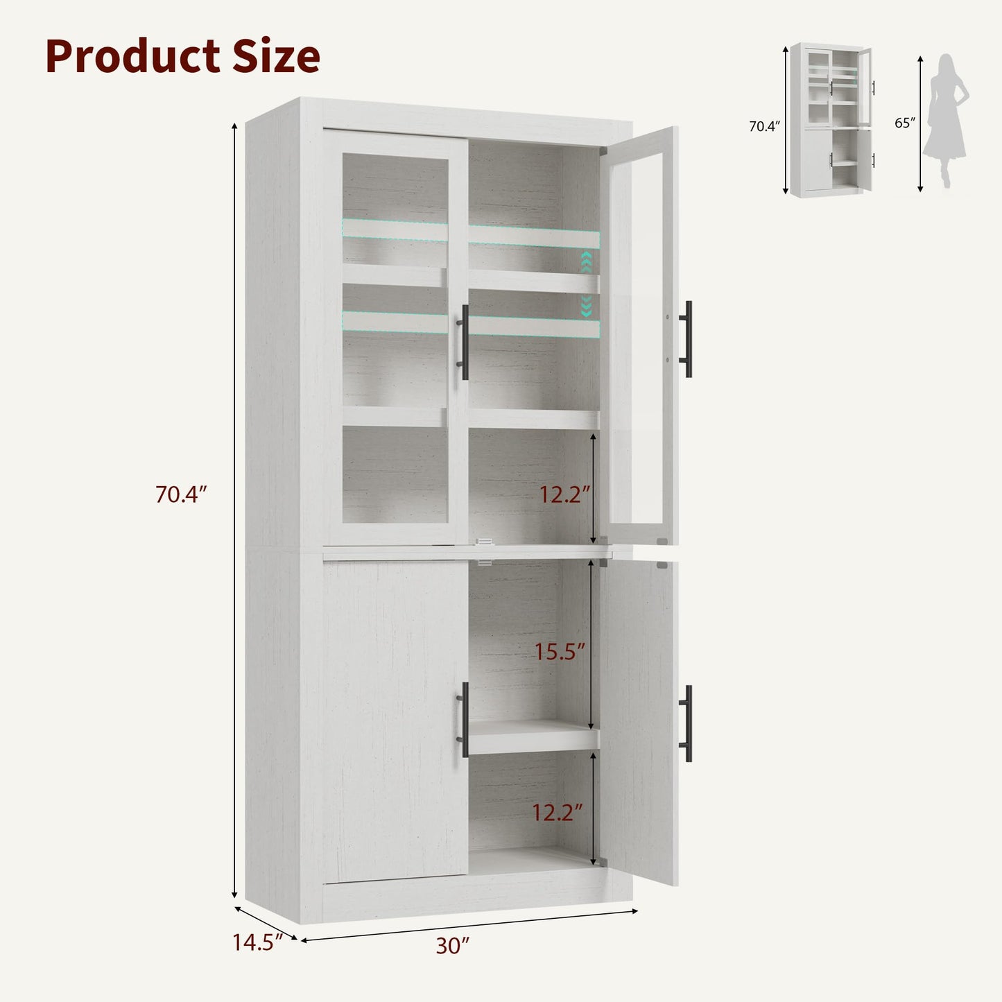 Garvee Tall Kitchen Pantry Cabinet, Farmhouse Wood Storage Cabinet with 4 Doors and Adjustable Shelves, Sturdy Frame, 70.45" Large Office Bookcase Cabinets for Kitchen, Dining, Office, Rustic White