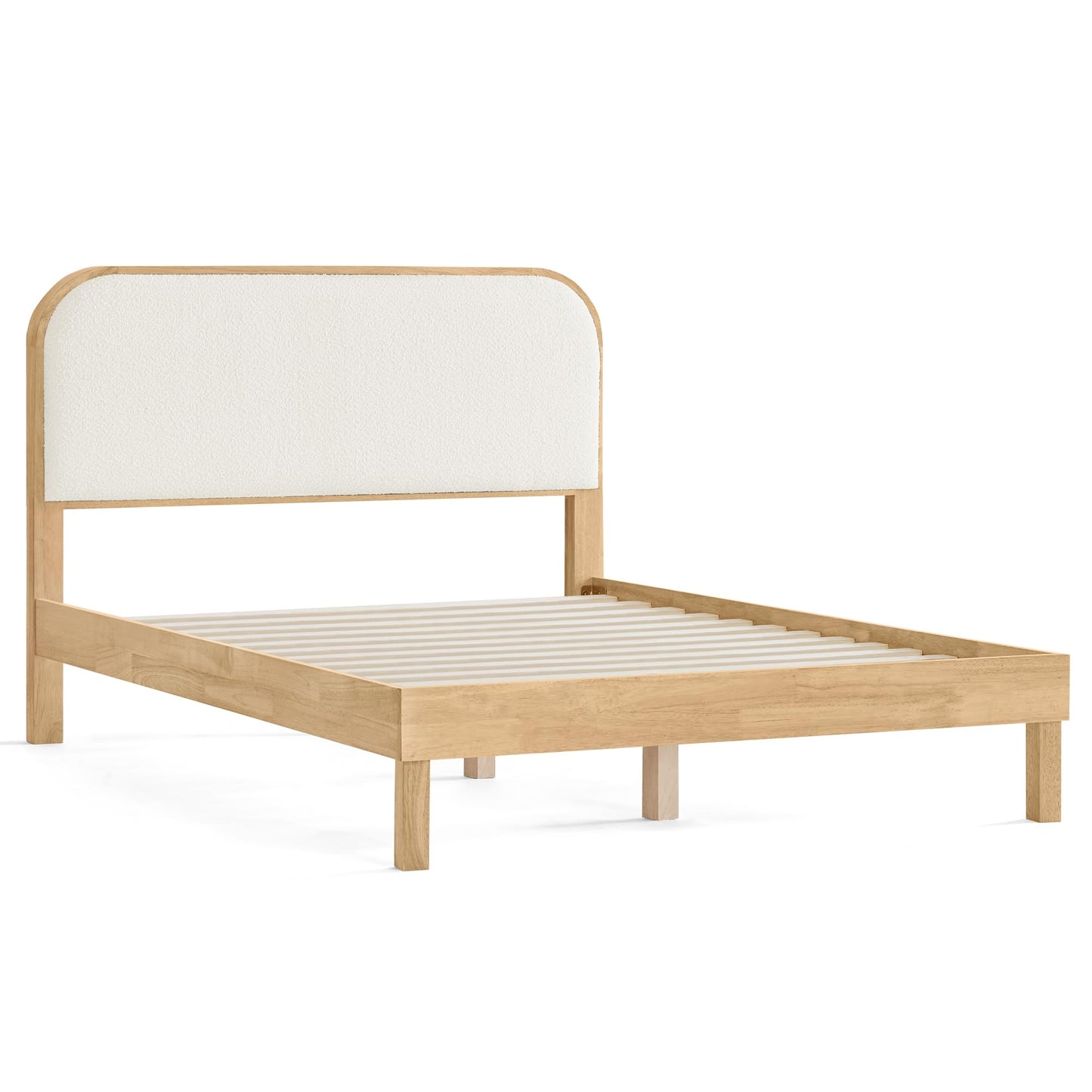 KISLOT Wood Bed Frame with Upholstered Headboard, Mid-Century Boucle Fabric Platform Modern Bed Mattress Foundation Noise-Free No Box Spring Needed Easy Assembly