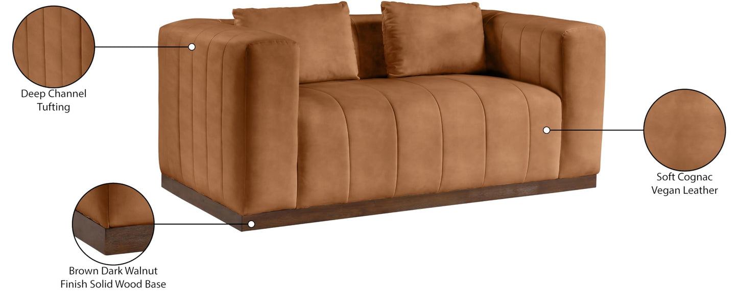 Meridian Furniture 44098Cognac-L Mallina Collection Modern | Contemporary Loveseat with Soft Cognac Vegan Leather, Walnut Finish Solid Wood Base, Deep Channel Tufting, 67" W x 36" D x 28.5" H, Cognac