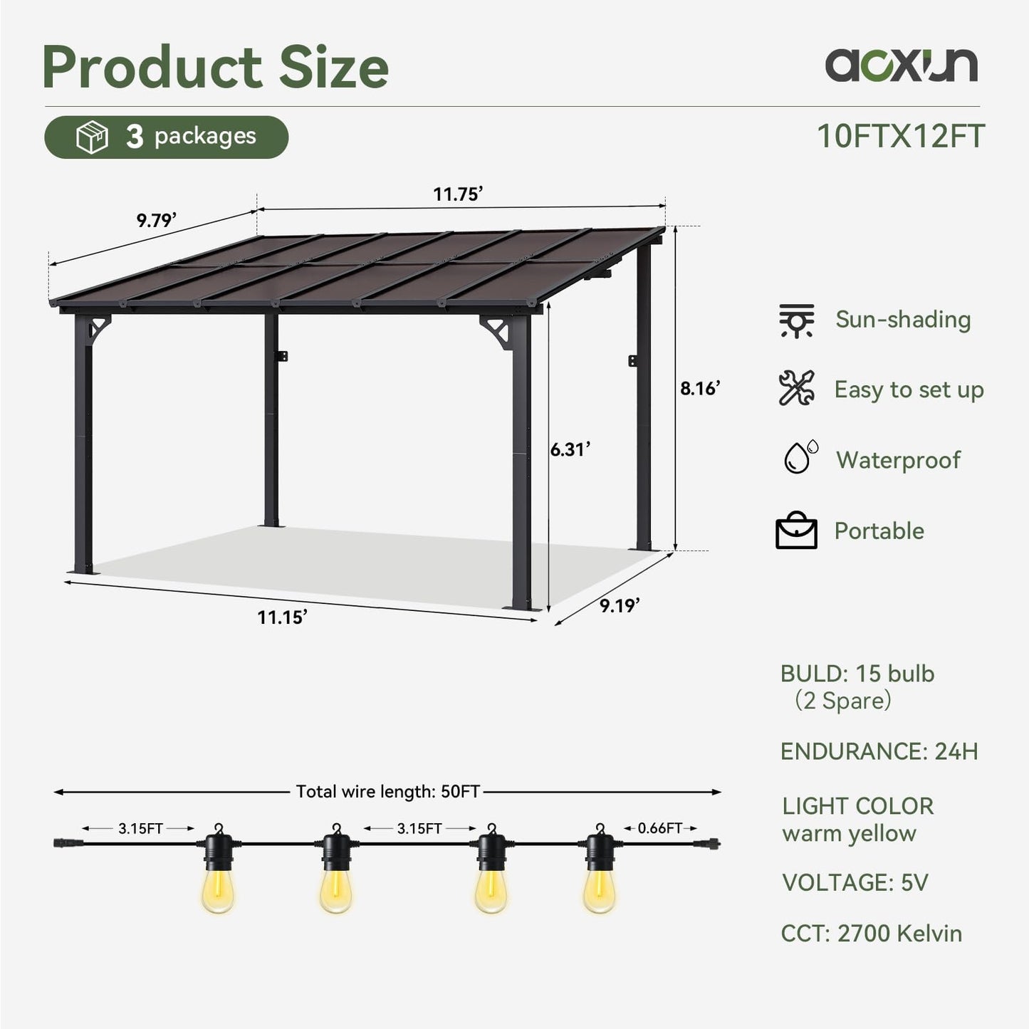 Aoxun 10' x 12' Gazebo for Patio, Gazebo Pergola with Sloped Roof, Large Wall-Mounted Heavy Duty Awnings, and LED Outdoor Waterproof Hanging Lights, for Backyard, Deck, Patio