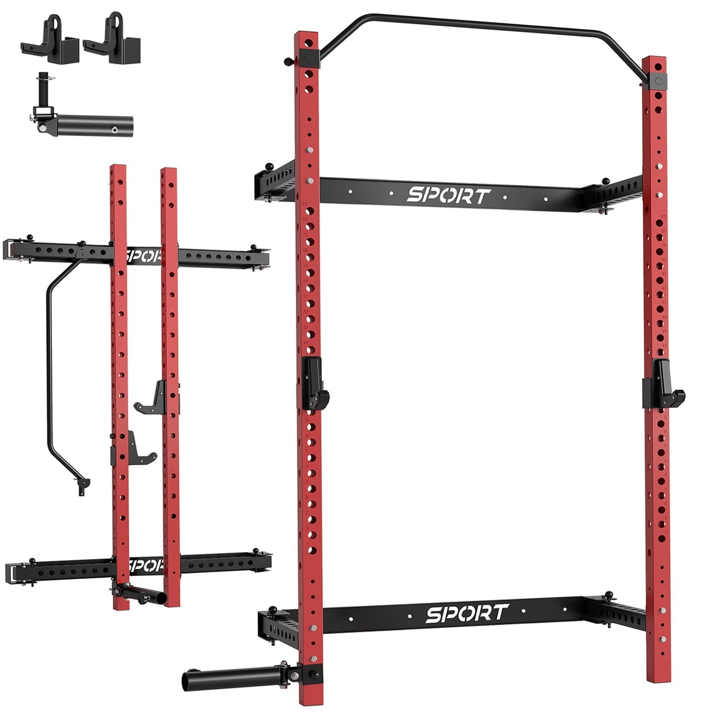 Garvee Folding Squat Rack for Home Gym, 2.36 in x 2.36 in Wall Mounted Foldable Squat Rack with Pull Up Bar, J Hooks and Landmine Attachments, 1000 LBS Capacity Space Saving Weight Power Cage