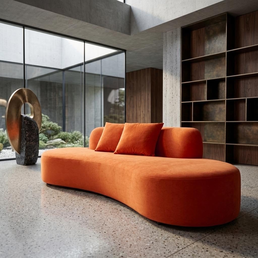 Container Furniture Direct 90" Curved Sofa with Throw Pillows, 4 Seater Luxury Velvet Couch with Half Moon Design and High-Density Foam, for Modern Living Room, Office & Apartment, Orange