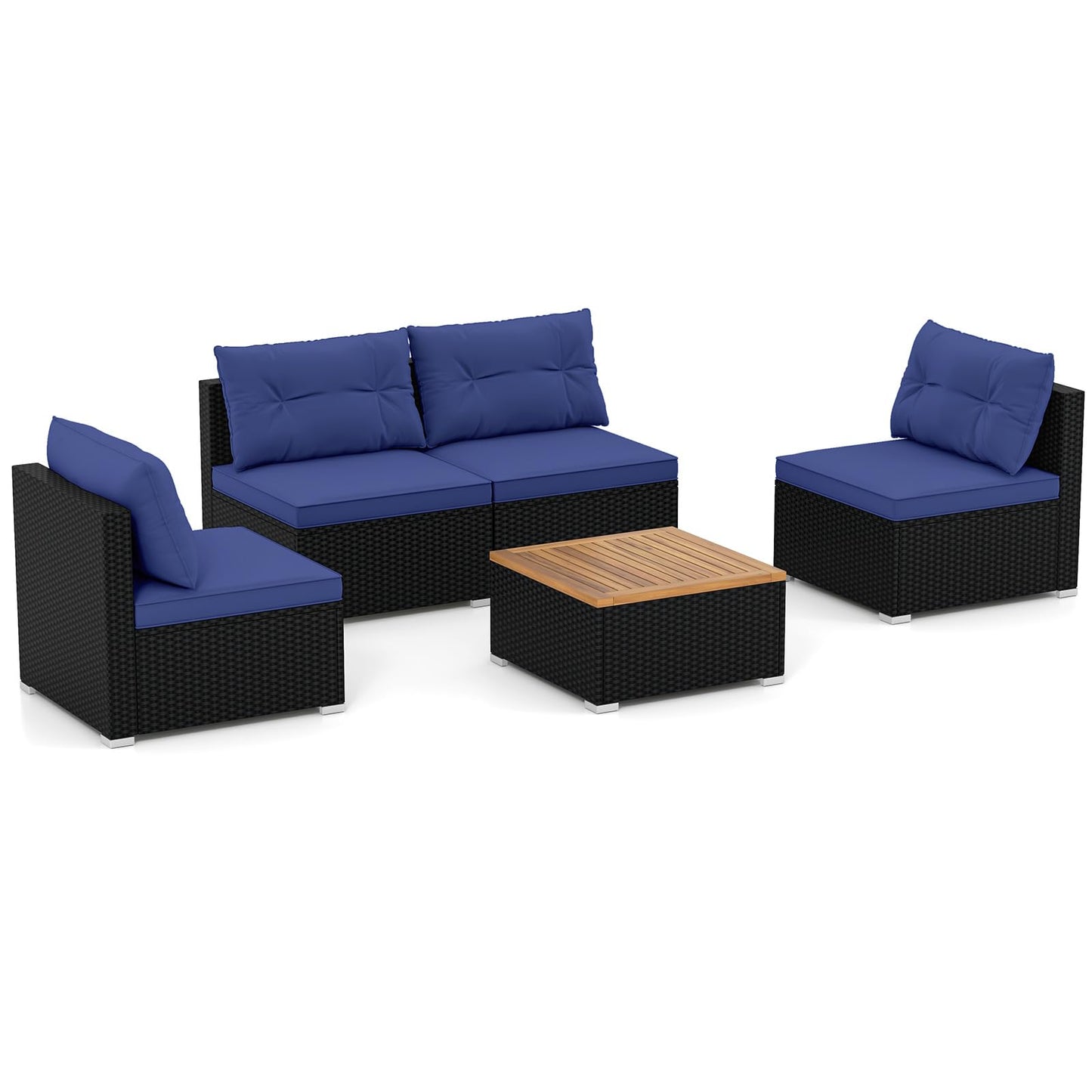 Tangkula 5 Pieces Wicker Patio Furniture Set, Outdoor 4 Armless Rattan Sofa & Coffee Table Set, with Cushions, Acacia Wood Tabletop, Sectional Patio Conversation Set for Lawn, Yard, Poolside, Navy