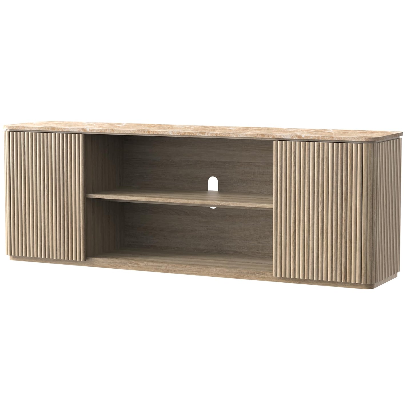 70" TV Stand, Modern Entertainment Center for TVs Up to 80", Fluted TV Console with Storage, Adjustable Shelves, Faux Marble Top, Curved Profile Design, Wood Media Console for Living Room, Natural Oak