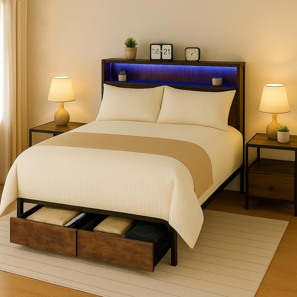COMHOMA Queen Bed Frame with Headboard and Storage Drawers, Charging Station, Modern Platform Metal Frames with Wood Accents, No Box Spring Needed, Quiet and Sturdy Structure
