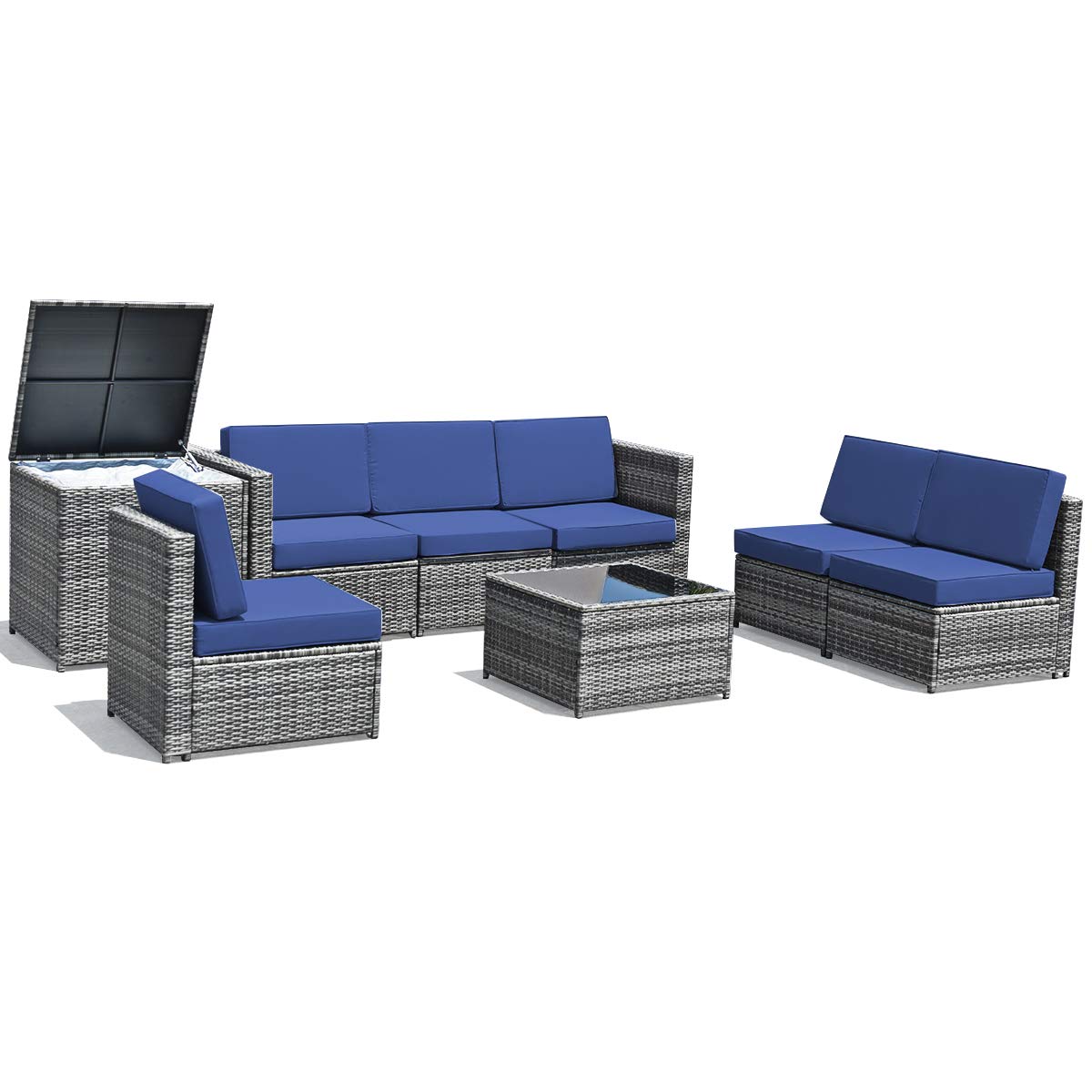 Tangkula 8 Pieces Wicker Patio Furniture Set with Storage Deck Box, PE Rattan Outdoor Sectional Sofa Conversation Set with Coffee Table & Cushions, Outside Furniture for Garden Yard Poolside (Navy)
