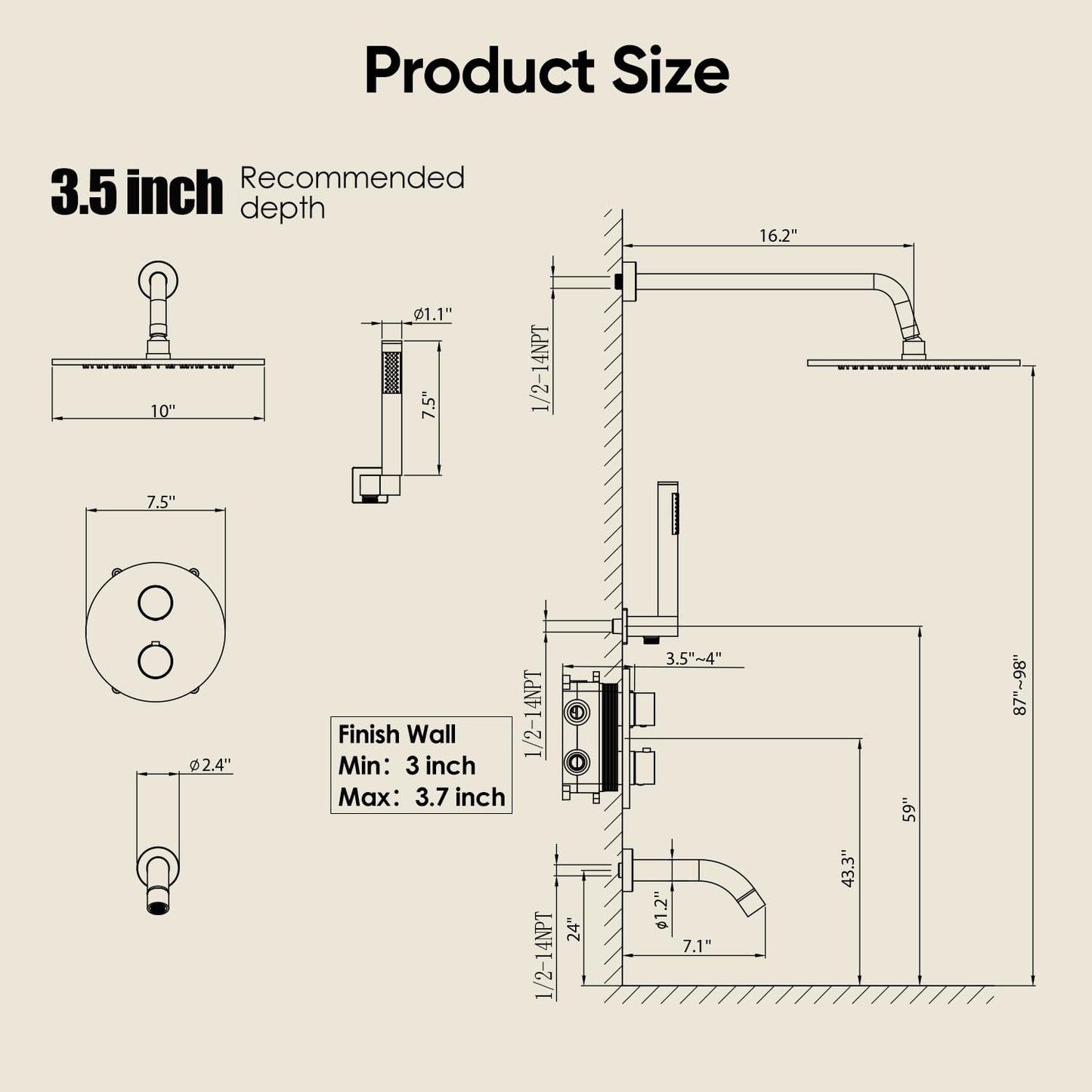 Gabrylly Thermostatic Shower System with Tub Spout, All Metal Bathtub Shower Faucets Set with Anti Scald Shower Valve, High Pressure 10" Rain Shower head with Handheld Spray Combo, Matte Black