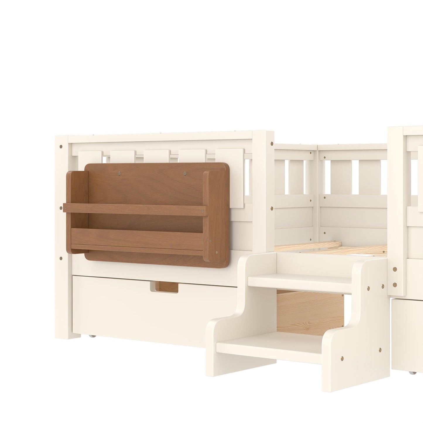 Queen Platform Bed with Storage Drawers and Bookshelves, Kids Platform Bed Frame with Low-profile Stairs and Full-length Guardrails, Queen Bed Frame for Boys, Girls, No Box Spring Needed, Beige