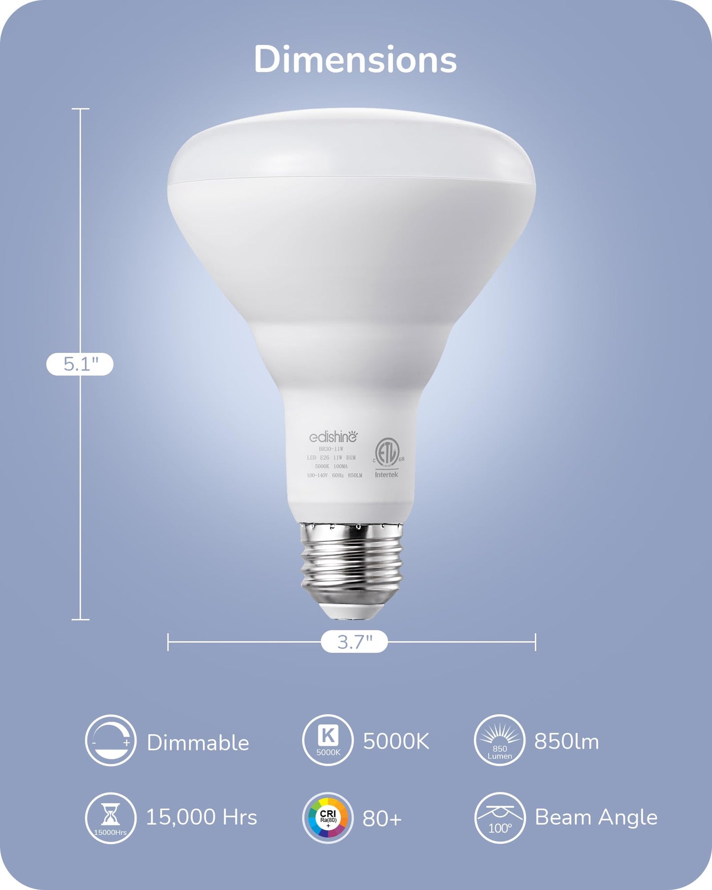 EDISHINE BR30 LED Bulb, Dimmable 11W Equivalent 65W, 850LM, 5000K Daylight White, E26 Base, 6 Pack, ET