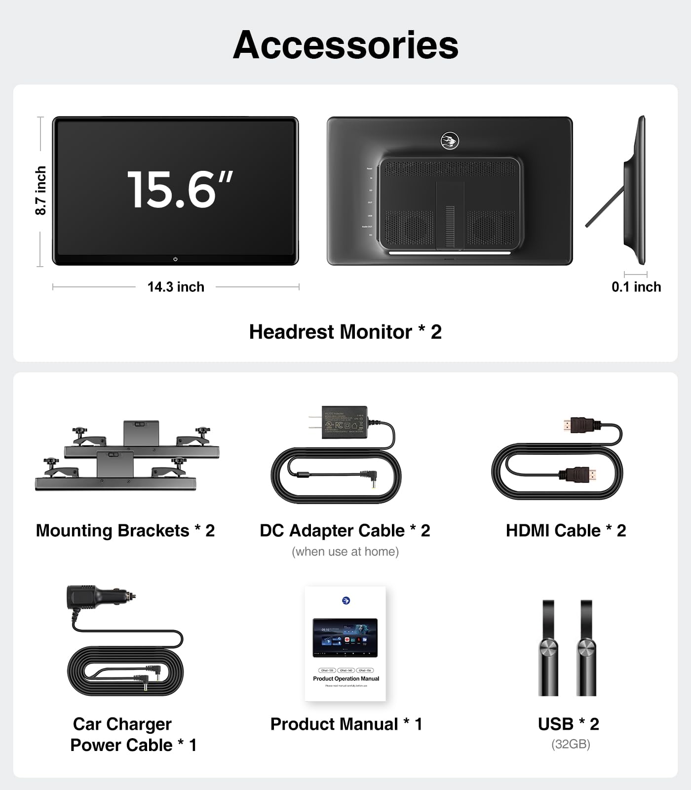 15.6inch Android 13 Headrest Monitor Car TV Touchscreen Entertainment System for Backseat,Support Phone Wireless Mirroring Sync Screen HDMI Bluetooth USB SD 4K Video Playback (2G+32G(2PCS))